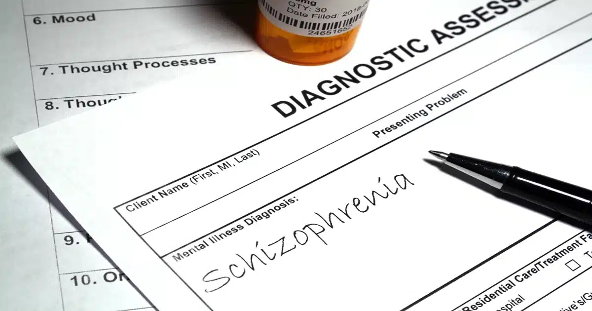 Is schizophrenia a disability, image of diagnosis assessment with schizophrenia written next to pill bottle, Disparti Law group